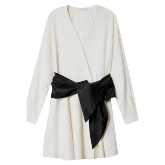 New With Tags TIBI Ivory Stretch Faux Wrap Dress Long Sleeve Black Belt - Picture 4 of 8